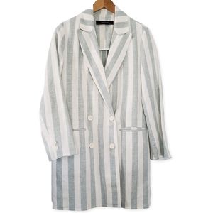 EUC Zara 100% Linen Pin Striped Double Breasted Long Blazer Blue White Size S